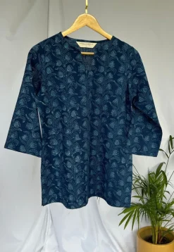 Navya Indigo Dabu Slub Cotton Straight Short Top