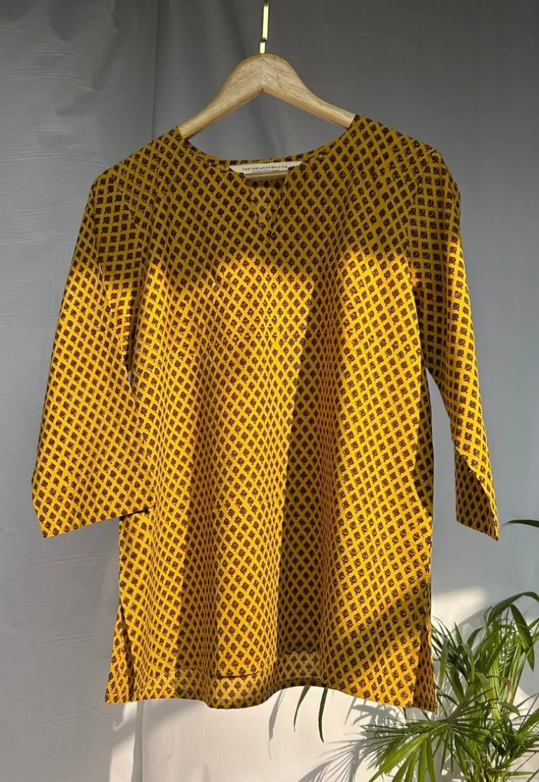 Navya Mustard Ajrakh Cotton Straight Short Top