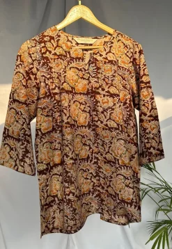 Navya Mustard Kalamkari Cotton Straight Short Top