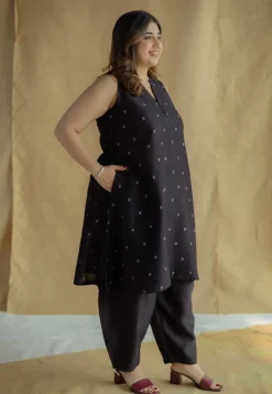 Nida Black Ajrakh Chanderi Silk A Line Kurta with Hand Embroidery