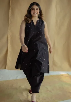 Nida Black Ajrakh Chanderi Silk A Line Kurta with Hand Embroidery