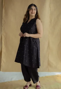 Nida Black Ajrakh Chanderi Silk A Line Kurta with Hand Embroidery