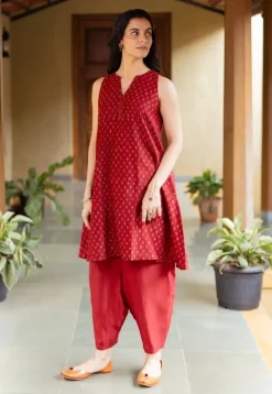 Nida Madder Ajrakh Chanderi Silk A Line Kurta with Hand Embroidery