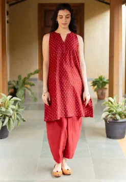 Nida Madder Ajrakh Chanderi Silk A Line Kurta with Hand Embroidery