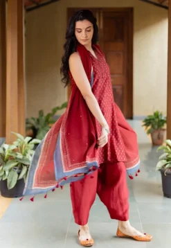 Nida Madder Ajrakh Chanderi Silk A Line Kurta with Hand Embroidery