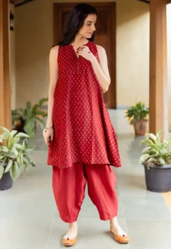 Nida Madder Ajrakh Chanderi Silk A Line Kurta with Hand Embroidery