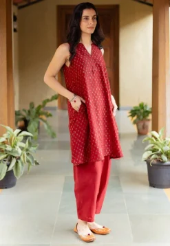 Nida Madder Ajrakh Chanderi Silk A Line Kurta with Hand Embroidery