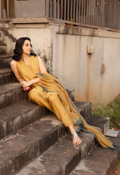 Nida Mustard Ajrakh Chanderi Silk A Line Kurta with Hand Embroidery