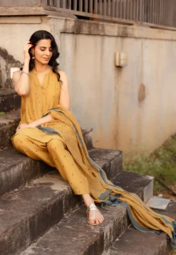 Nida Mustard Ajrakh Chanderi Silk A Line Kurta with Hand Embroidery