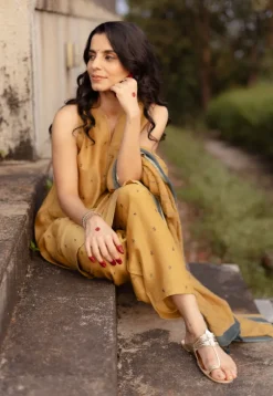 Nida Mustard Ajrakh Chanderi Silk A Line Kurta with Hand Embroidery