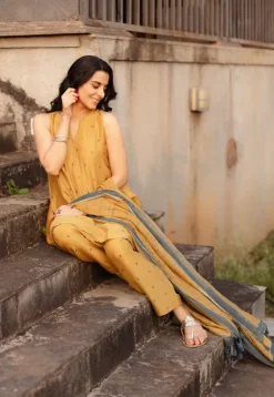 Nida Mustard Ajrakh Chanderi Silk A Line Kurta with Hand Embroidery