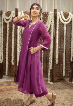 Nitara Purple Kali Chanderi Silk Gota Patti Kurta Set (Set of 3)