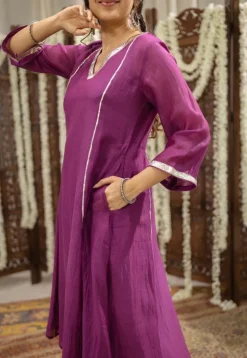Nitara Purple Kali Chanderi Silk Gota Patti Kurta Set (Set of 3)