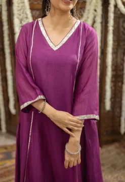Nitara Purple Kali Chanderi Silk Gota Patti Kurta Set (Set of 3)