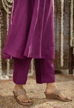 Nitara Purple Kali Chanderi Silk Gota Patti Kurta Set (Set of 3)