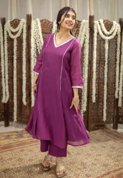 Nitara Purple Kali Chanderi Silk Gota Patti Kurta Set (Set of 3)