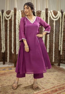 Nitara Purple Kali Chanderi Silk Gota Patti Kurta Set (Set of 3)