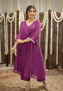 Nitara Purple Kali Chanderi Silk Gota Patti Kurta Set (Set of 3)