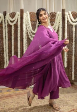 Nitara Purple Kali Chanderi Silk Gota Patti Kurta Set (Set of 3)