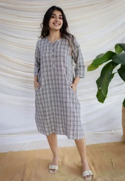 Nura Off White Handwoven Kala Cotton Straight Dress