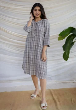 Nura Off White Handwoven Kala Cotton Straight Dress