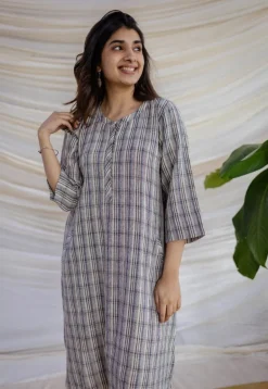 Nura Off White Handwoven Kala Cotton Straight Dress
