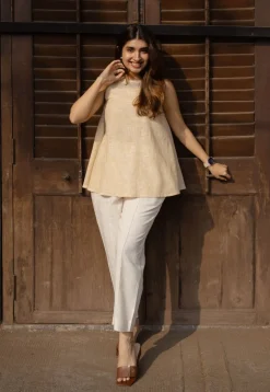 Parveen Cream Hand Block Print Slub Cotton A Line Short Top with Hand Embroidery