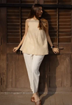 Parveen Cream Hand Block Print Slub Cotton A Line Short Top with Hand Embroidery