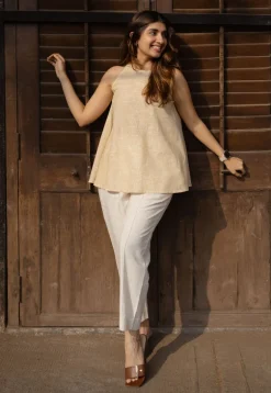 Parveen Cream Hand Block Print Slub Cotton A Line Short Top with Hand Embroidery