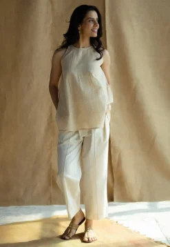 Parveen Cream Hand Block Print Slub Cotton A Line Short Top with Hand Embroidery