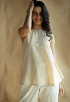 Parveen Cream Hand Block Print Slub Cotton A Line Short Top with Hand Embroidery