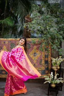 Pink Chanderi Pattu Full Jaal Work Saree