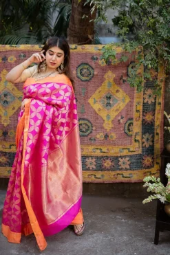 Pink Chanderi Pattu Full Jaal Work Saree