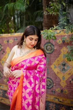 Pink Chanderi Pattu Full Jaal Work Saree