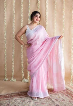 Pink Linen Silver Zari Border Saree with Mukaish Detailing