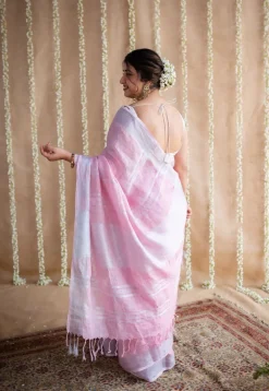 Pink Linen Silver Zari Border Saree with Mukaish Detailing