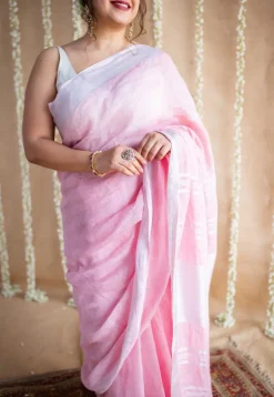 Pink Linen Silver Zari Border Saree with Mukaish Detailing