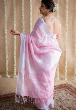 Pink Linen Silver Zari Border Saree with Mukaish Detailing
