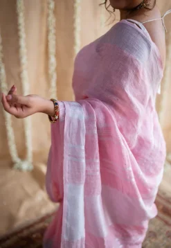Pink Linen Silver Zari Border Saree with Mukaish Detailing