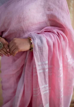 Pink Linen Silver Zari Border Saree with Mukaish Detailing