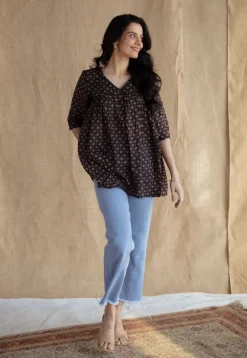Purvi Black Ajrakh MulMul Cotton A Line Short Top