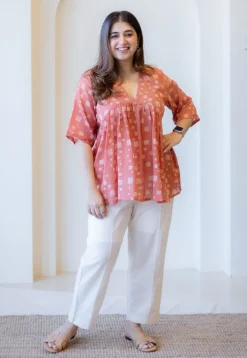 Purvi Coral Batik MulMul Cotton A Line Short Top