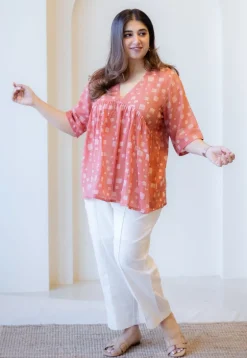 Purvi Coral Batik MulMul Cotton A Line Short Top