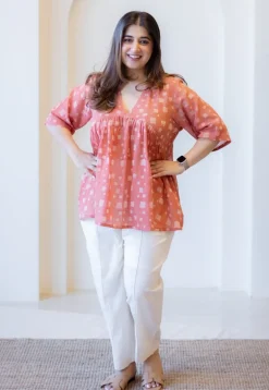 Purvi Coral Batik MulMul Cotton A Line Short Top