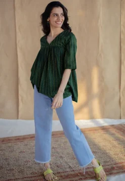Purvi Green Dabu Slub Cotton A Line Short Top