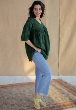 Purvi Green Dabu Slub Cotton A Line Short Top
