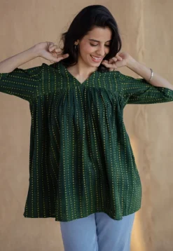 Purvi Green Dabu Slub Cotton A Line Short Top