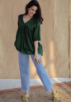 Purvi Green Dabu Slub Cotton A Line Short Top
