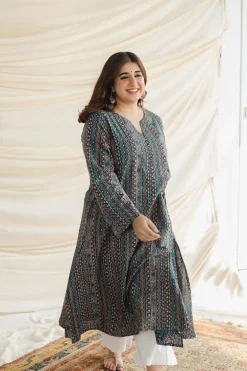 Qainat Blue Ajrakh Kali kurta