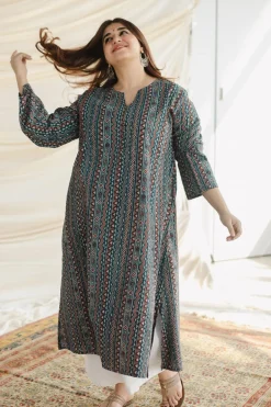 Qainat Blue Ajrakh Kali kurta